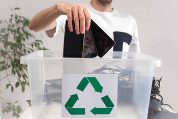 Er worden drie smartphones in een recycling bak gelegd.