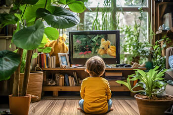 Kind zit voor de televisie.