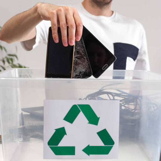 Er worden drie smartphones in een recycling bak gelegd.