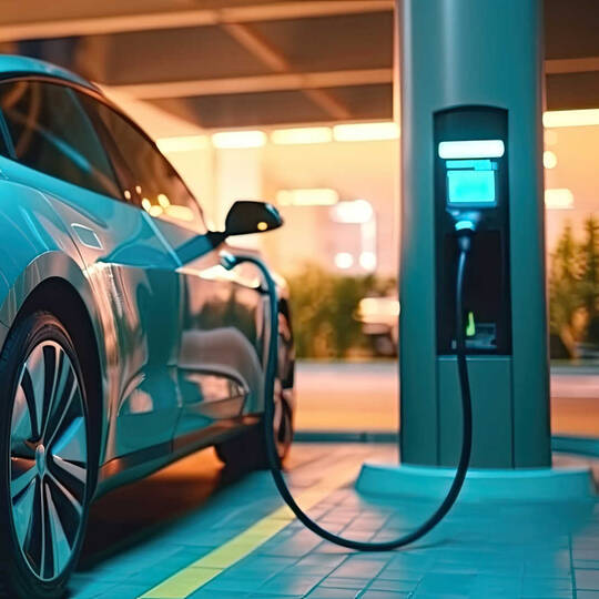 Het aantal elektrische auto's neemt steeds toe. Een elektrisch auto die aan het opladen is.